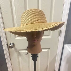 Jessica Simpson Women's Scalloped Edge Straw Domed Wide Brim Beach Hat.